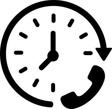 Black clock icon with telephone receiver sign isolated on transparent background