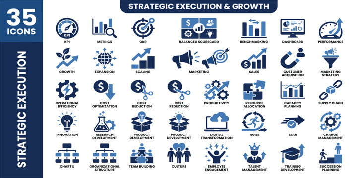 Business strategy icon set. SWOT, ROI, leadership, roadmap, mission, vision, risk control, financial goal, business model and more. Solid vector icons collection.