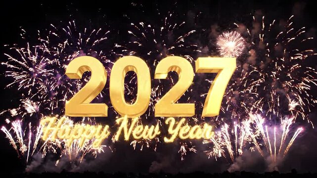 2027 Happy New Year text with brilliant gold lettering and vibrant colorful fireworks bursting across the dark night sky