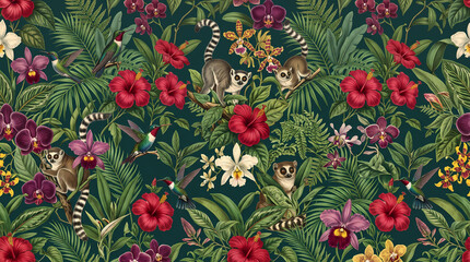 Fototapeta premium Seamless tropical jungle pattern with lemurs, hummingbirds, hibiscus flowers, and orchids on dark green background.