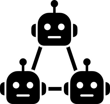 Three interconnected robot heads forming a network icon isolated on transparent background