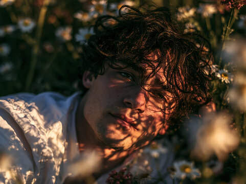 Freckled curly‑haired young man lies relaxed among daisy blooms, dappled golden sunlight patterns cast over his peaceful face.
