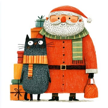 Illustration of Santa Claus with Christmas gifts and a black cat on a white background; festive banner.


