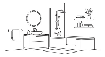 Minimalist bathroom interior line art featuring bathtub, vanity sink, round mirror, shower, towels, shelves and plants. Ideal for home decor, architecture, interior design and illustrations © MdSamir