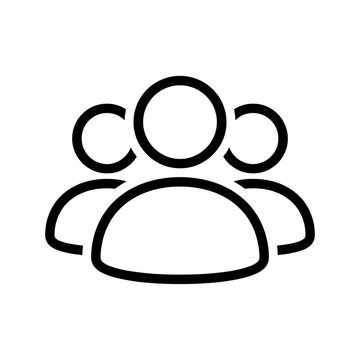 Simple outline icon of a group of three people, representing a team, community, or social network, rendered in thin white lines on a white background isolated on a transparent background