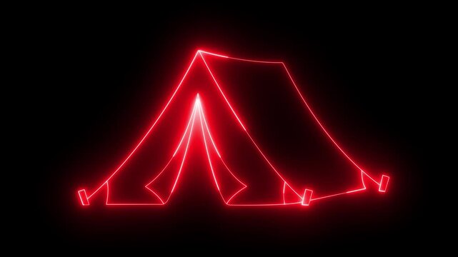 Glowing neon Tourist tent icon isolated on black background. Camping symbol.  neon line Tourist tent icon isolated on black background. Camping symbol. 4K Video motion graphic animation .
