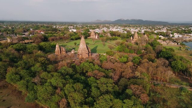 Aerial view of the historic khajuraho temples, a unesco world heritage site in madhya pradesh, india
