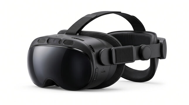 Photorealistic modern black virtual reality headset with smooth curved visor, padded face section, adjustable head straps and detailed molded plastic body