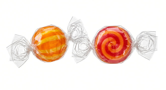 Ultra-realistic two colorful hard candies wrapped in transparent twisted wrappers, one orange-yellow striped candy and one red-orange spiral candy, glossy translucent confectionery texture