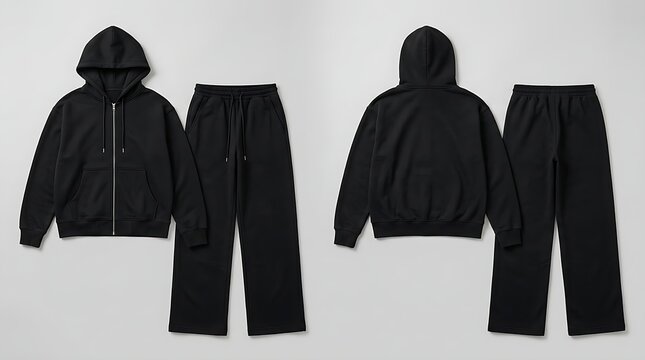 Black casual tracksuit with hood and drawstring pants shown front and back