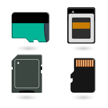 Four types of memory cards for digital devices on transparent background