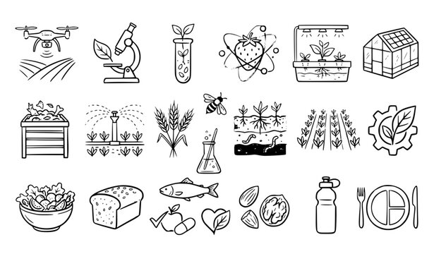 Hand Drawn Sustainable Agriculture Food Technology and Nutrition Icon Collection