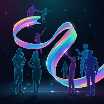 Digital communication and social networking concept with abstract holographic ribbon connecting diverse people silhouettes in a virtual space