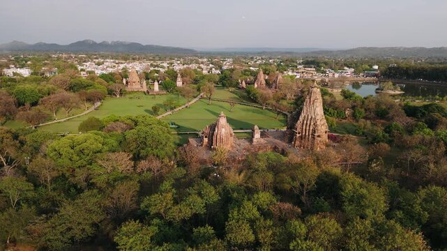 Aerial view of khajuraho group of monuments, a unesco world heritage site in madhya pradesh, india