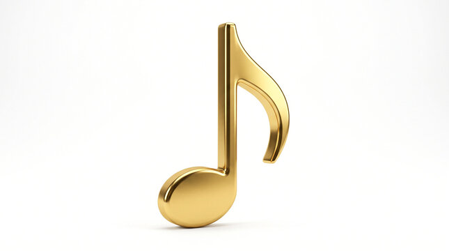 Highly realistic three-dimensional golden musical eighth note symbol, polished metallic surface, smooth curved contours and subtle reflective highlights