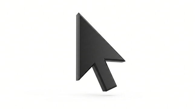 Ultra-realistic black computer mouse cursor arrow, clean angular silhouette with slightly dimensional edges, matte dark surface and crisp geometry, centered isolated digital object