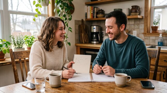Happy couple planning together at kitchen table with notebooks and coffee