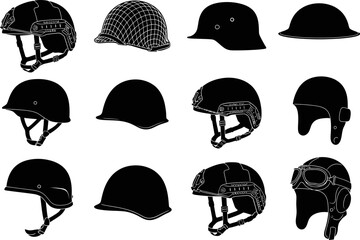 Naklejka premium Collection of various military combat protective headgear icons for veterans day memorial design in a black artistic silhouette