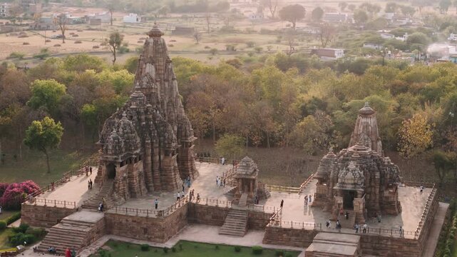Aerial view of ancient khajuraho temples, a unesco world heritage site in madhya pradesh, india
