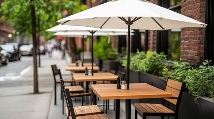 Fototapeta premium Summer Glow Near the Tree-Lined Curb: Urban Sidewalk Cafe Tables With Umbrellas No Logos Urban Side â€“ Skyline Study 3