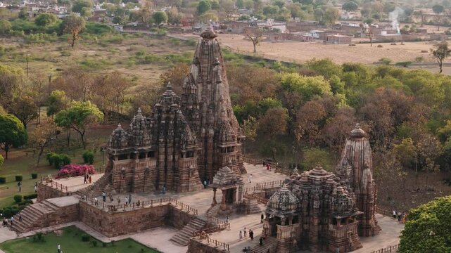 Aerial view of historic khajuraho group of monuments in india, a unesco world heritage site