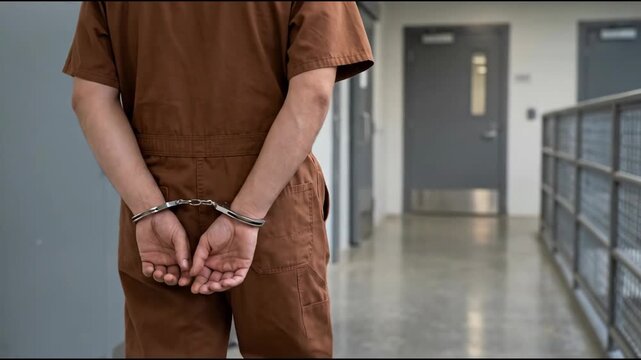 Inmate prisoner handcuffs jumpsuit corridor prison tense mood hands cuffed behind back confinement