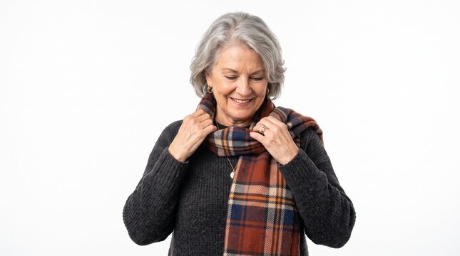 Smiling senior woman with gray hair adjusting her plaid scarf and wearing a dark sweater, studio portrait