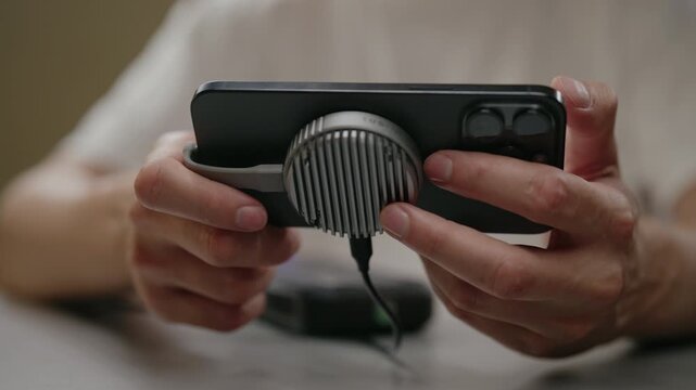 Close-up of hands holding smartphone with cooling fan attached. Person playing mobile game, using accessory to prevent device from overheating during intensive using. Modern technology concept.