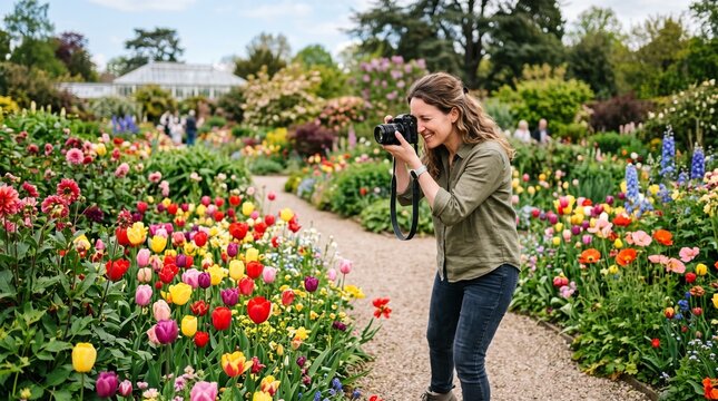 Woman photographing vibrant flower garden with tulips and poppies on a sunny day