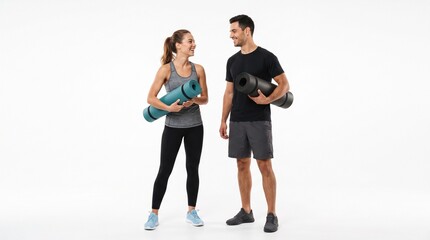 Obraz premium Fit couple smiling and holding yoga mats ready for workout session