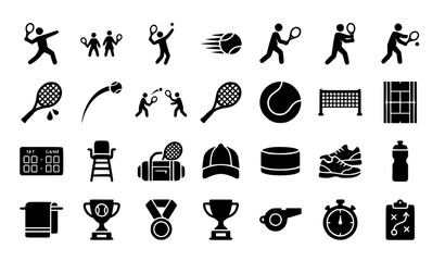 Naklejka premium Modern Tennis Sports Line Icon Set with Player Actions Match Equipment and Court Symbols Vector Collection