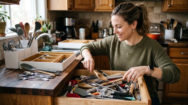Woman organizing kitchen utensils in a wooden drawer and on the countertop with a tidy cutlery organizer