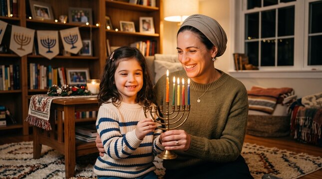 Mother and daughter celebrate Hanukkah lighting menorah candles in cozy home setting