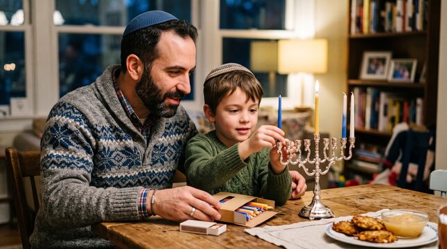 Father and son light Hanukkah menorah candles together at wooden table with latkes and applesauce