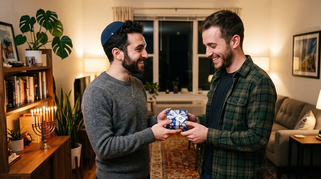 Two men exchanging a Hanukkah gift in a cozy apartment with a lit menorah