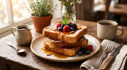 Plakat Delicious French toast breakfast with berries and maple syrup