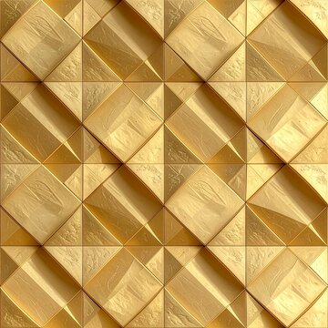 Seamless pattern of golden foil geometric diamond tiles 3D wall texture background