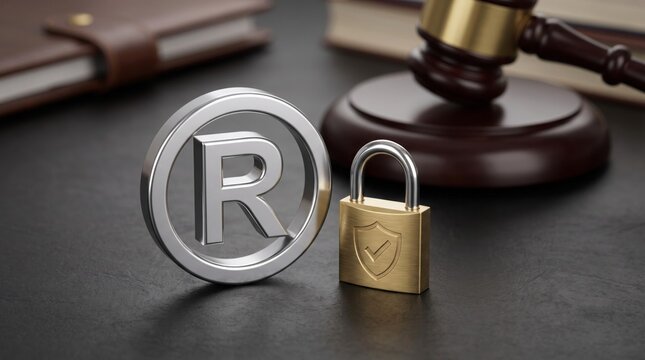 Metallic registered trademark symbol standing beside a sturdy gold padlock representing legal protection for intellectual property rights and corporate branding