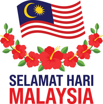 Selamat hari malaysia greeting card design with waving malaysian flag and red hibiscus flowers