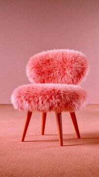 Pink Faux Fur Mid-Century Accent Chair, Fluffy Plush Lounge Seat