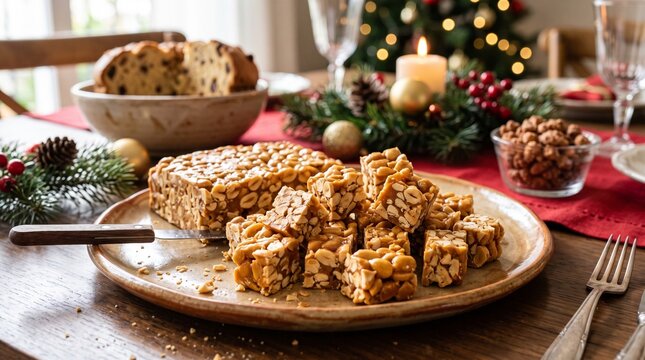 Festive Christmas Table Setting with Peanut Brittle and Panettone