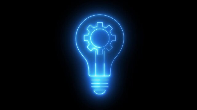 Glowing neon setting and Light bulb with rotating gears a gear, representing innovation, creativity, and mechanical ideas, set against a dark problem solving, smart solutions engineering strategy. 