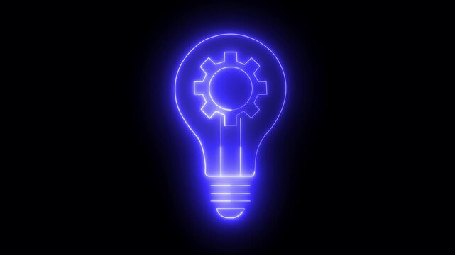 Bulb icon animation by blue color neon on black background. 4k Neon electric bulb icon animation on light with gear icon representing creative problem solving, smart solutions engineering strategy. 