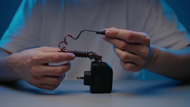 Cropped shot of person holding direct current power supply unit with barrel connector, getting ready to plug it in for charging device or powering electronic component, close-up, slow motion.