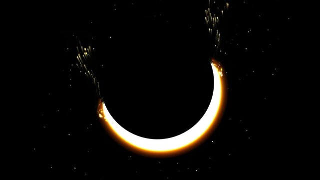 Motion graphics animation of glowing crescent moon with rising golden sparks on dark modern background with neon glow for broadcast commercial