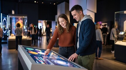 Young couple interacting with an interactive digital display in a modern museum exhibit