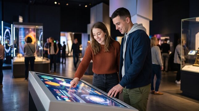 Young couple interacting with an interactive digital display in a modern museum exhibit