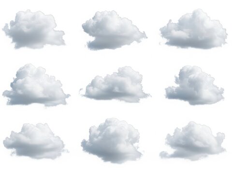 A collection of nine isolated fluffy white clouds against a plain background
