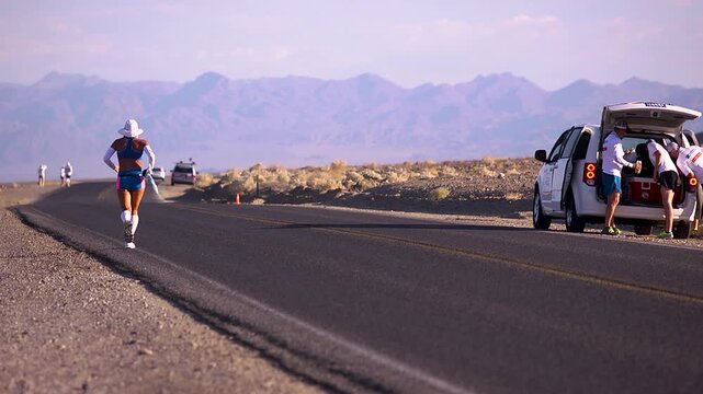 long lens shot of woman running in the desert of death valley