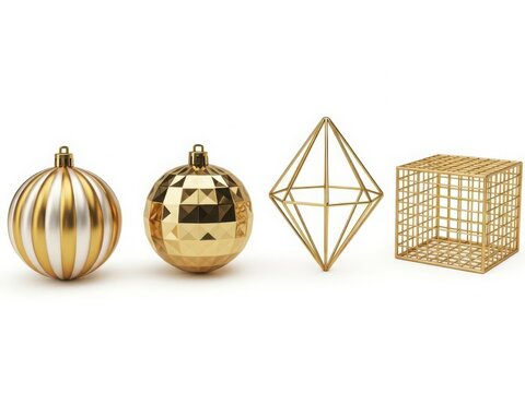 A collection of four distinct geometric gold ornaments isolated on white background